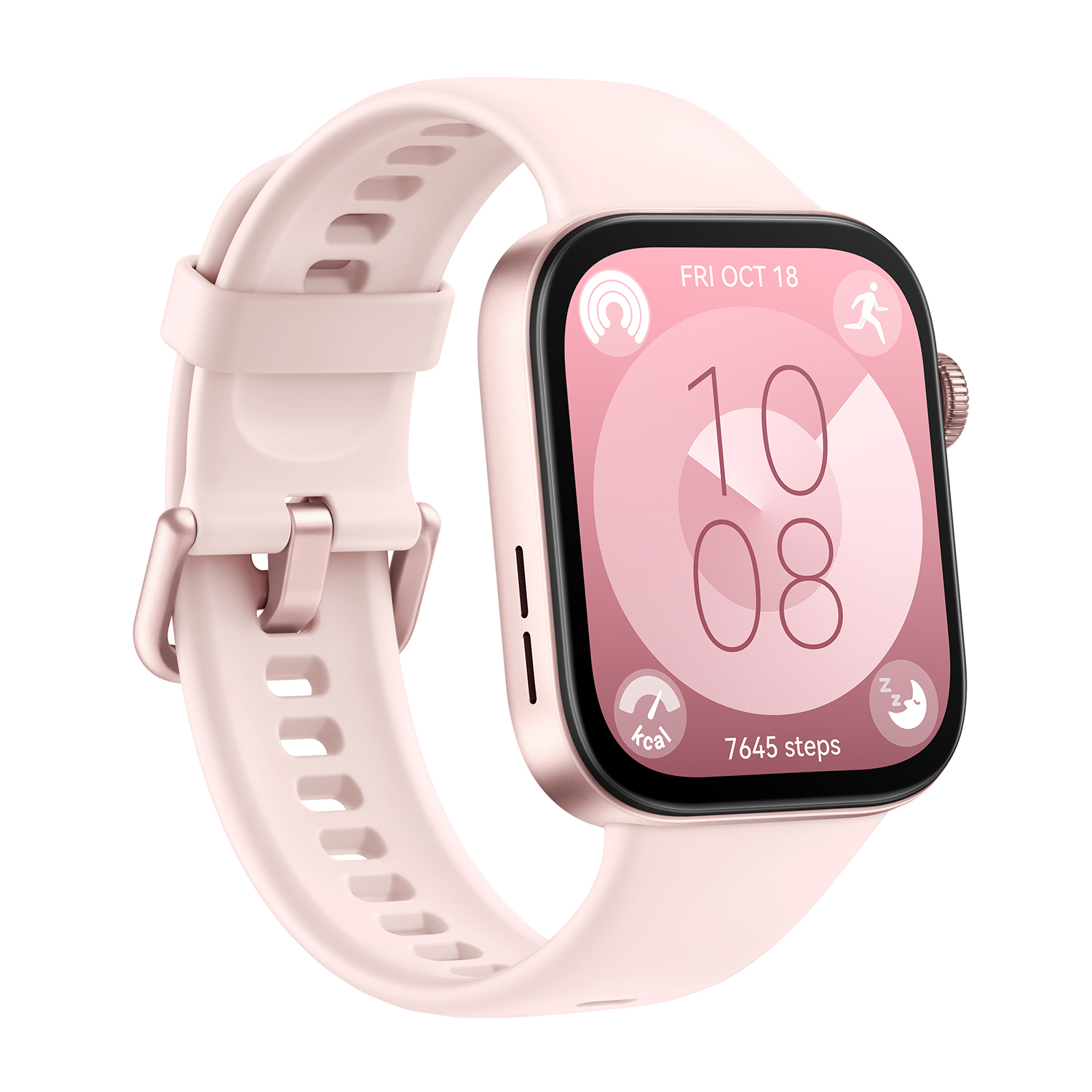Smartwatch rosa con cornice e cinturino oro rosa. Mostra ora, data e dettagli attività.
