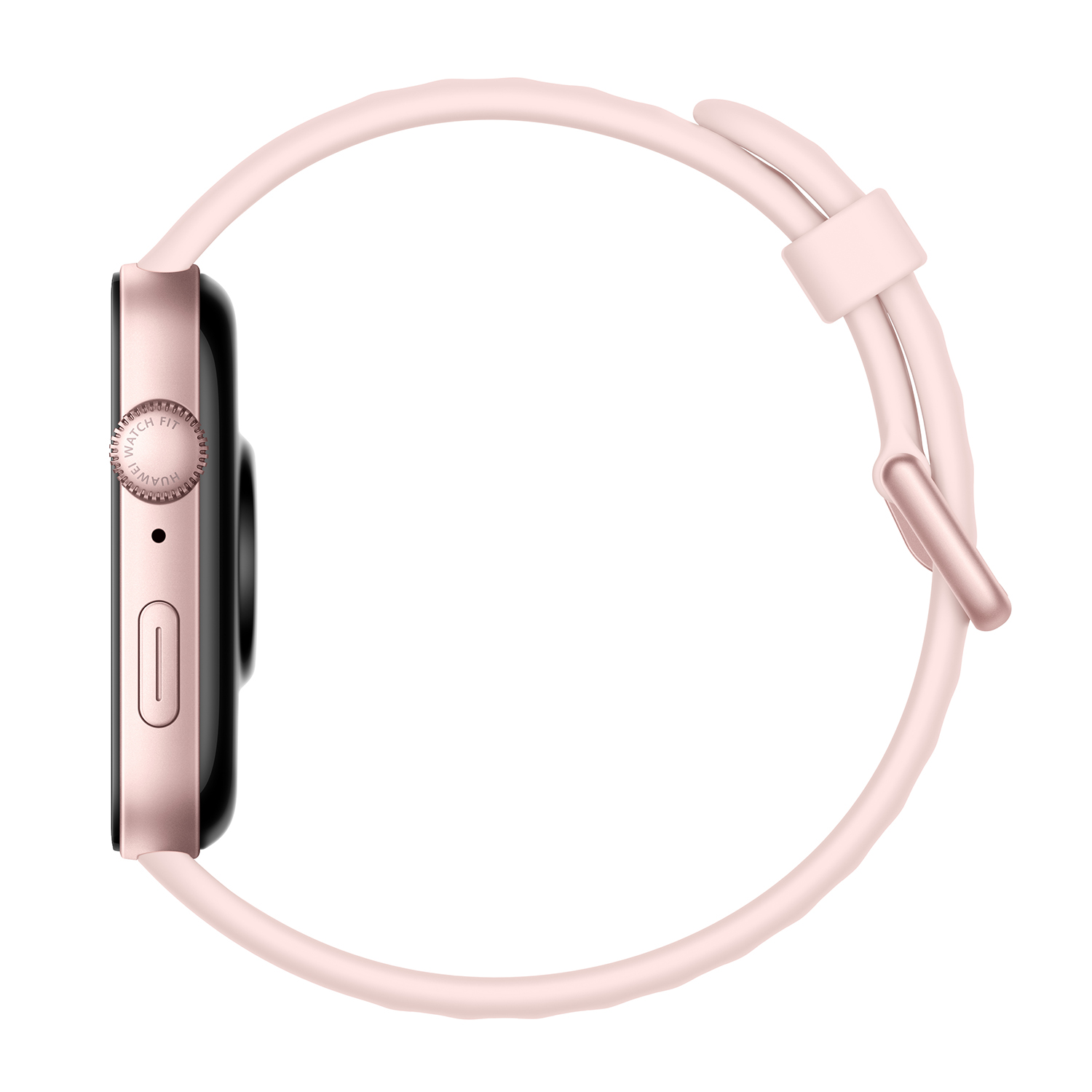 Vista laterale di uno smartwatch oro rosa con cinturino rosa. Il quadrante è nero.