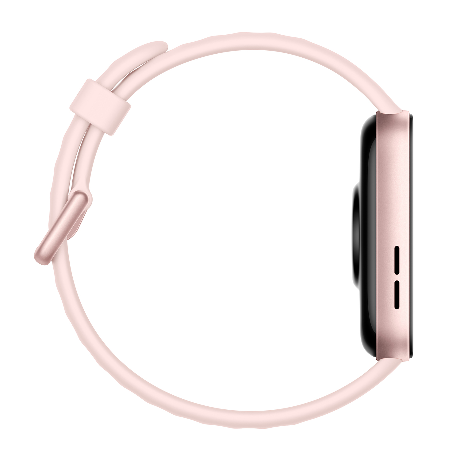 Uno smartwatch rosa con cinturino abbinato è mostrato lateralmente.