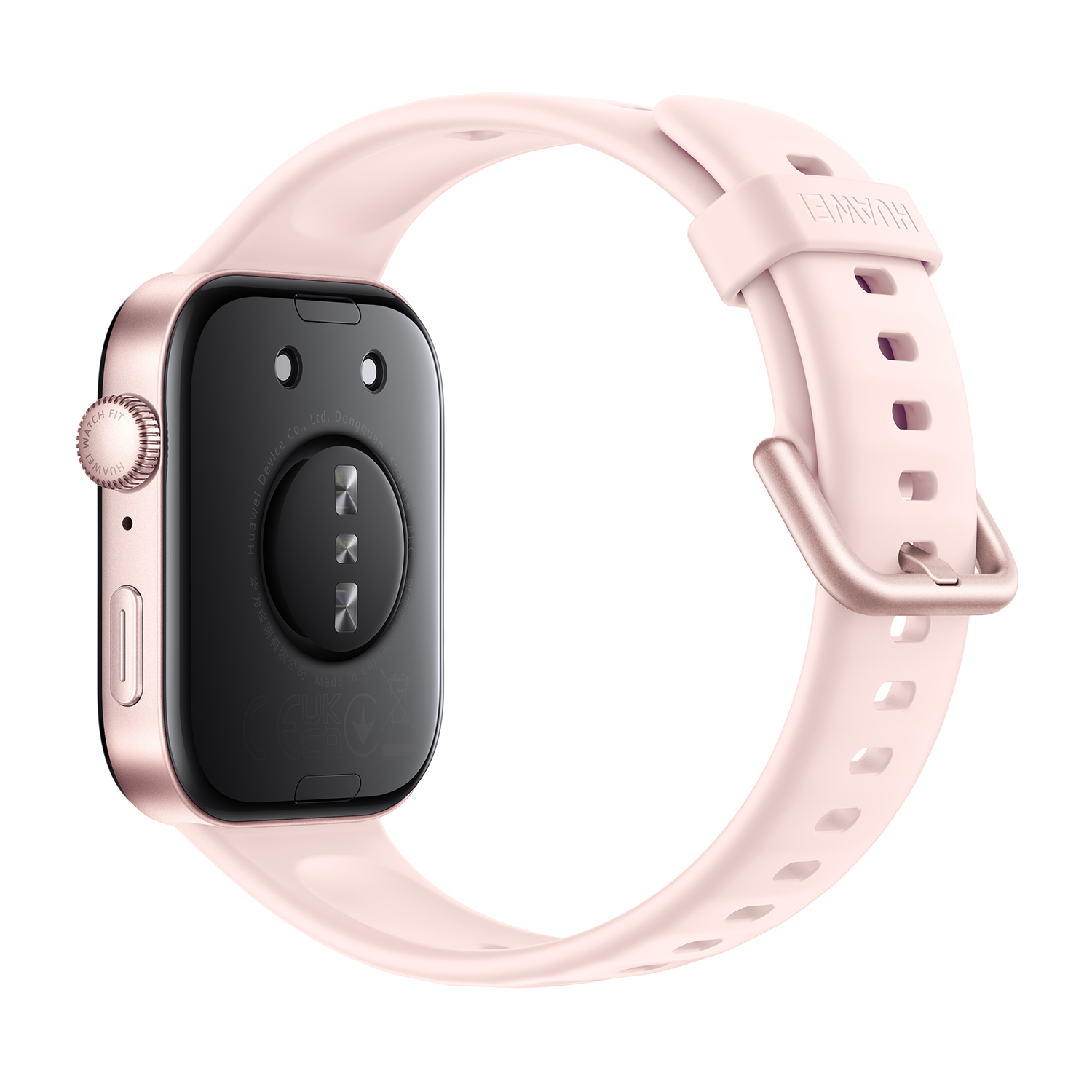 Uno smartwatch rosa con cinturino rosa e schermo nero.