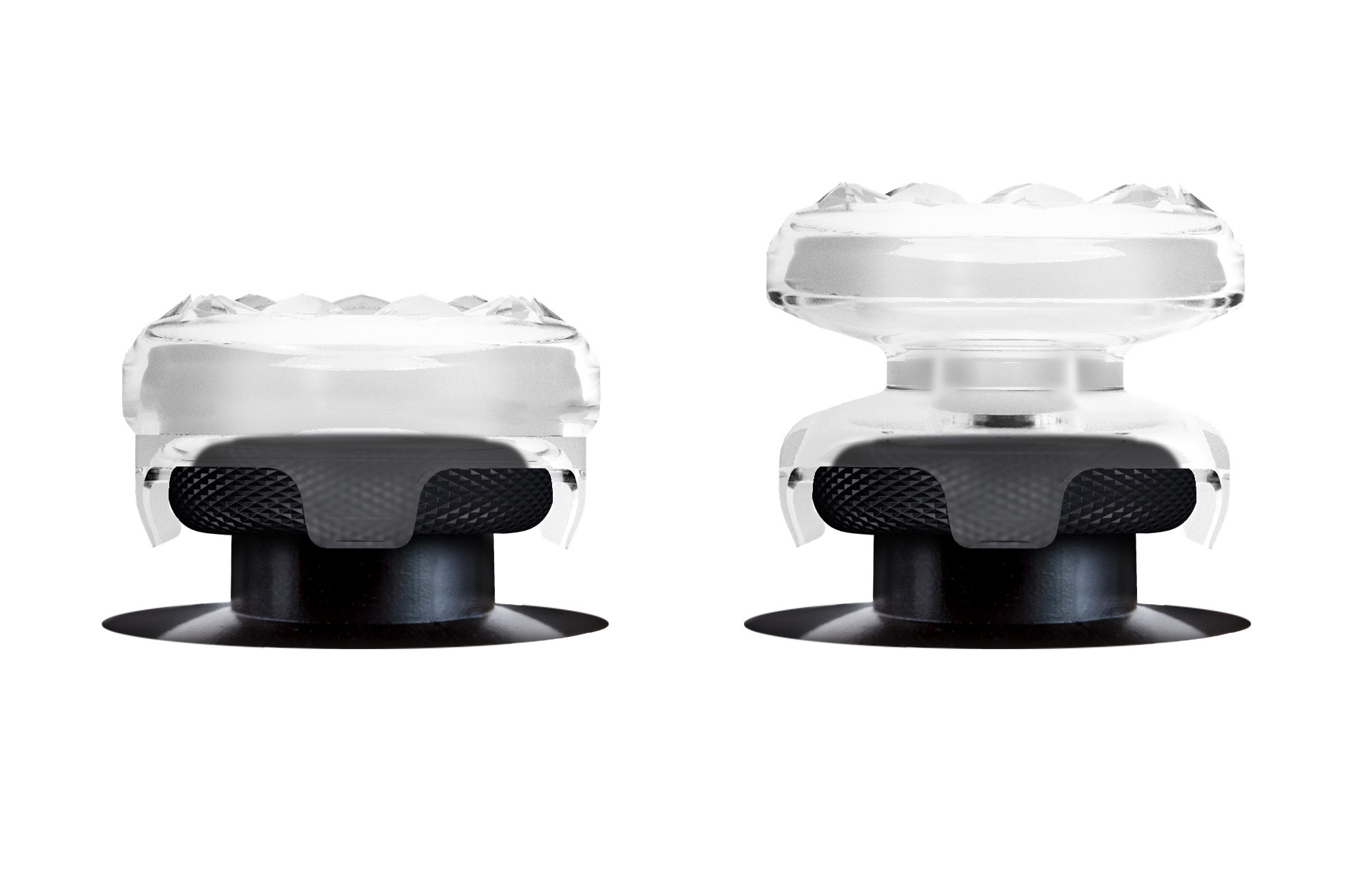 Zwei transparente Daumensticks für einen Controller. Jeder hat eine strukturierte Oberseite und eine schwarze Basis.