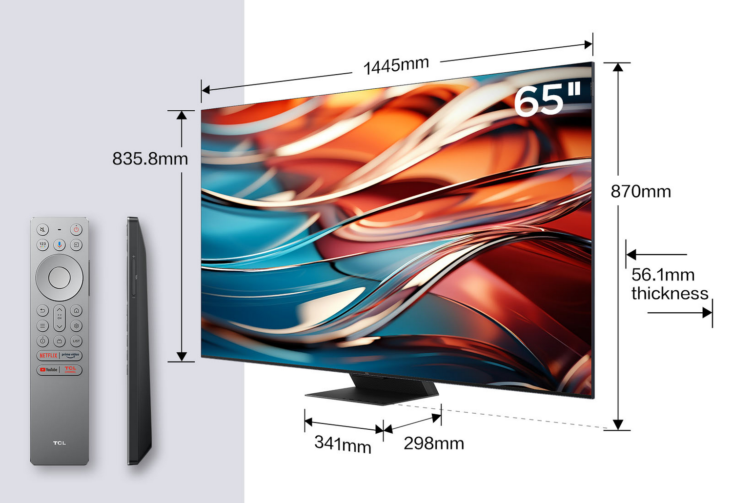 Un televisor de 65" con mando a distancia. Se muestran las dimensiones. La pantalla muestra arte abstracto colorido.