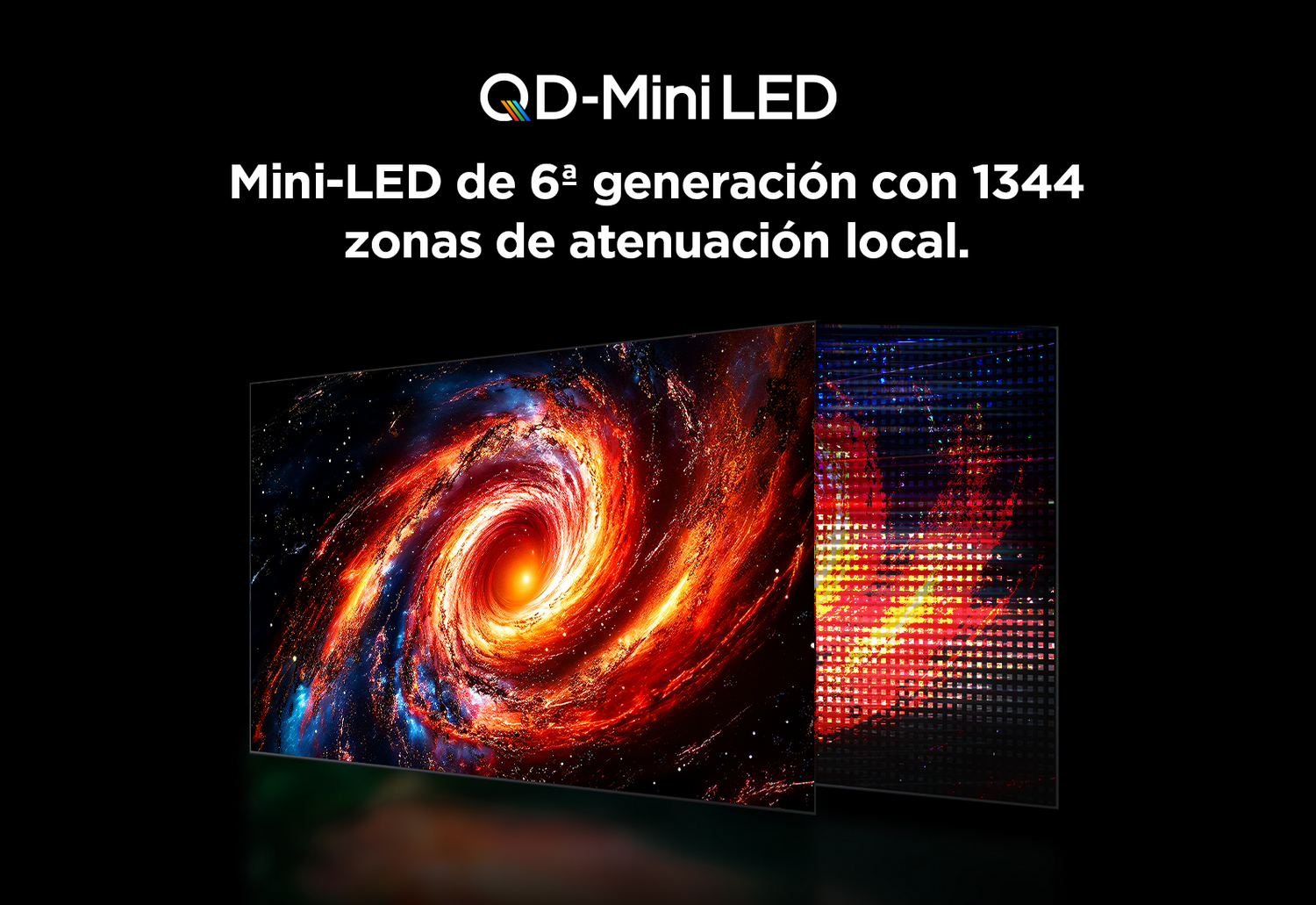 Una imagen de una galaxia con el texto "QD-Mini LED". La pantalla se desglosa para mostrar zonas de luz.