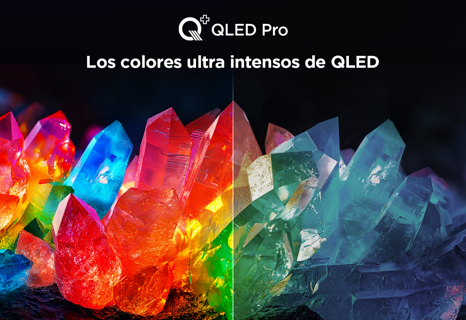 Una pantalla QLED Pro que muestra cristales coloridos. El lado izquierdo es más tenue, el derecho vibrante.