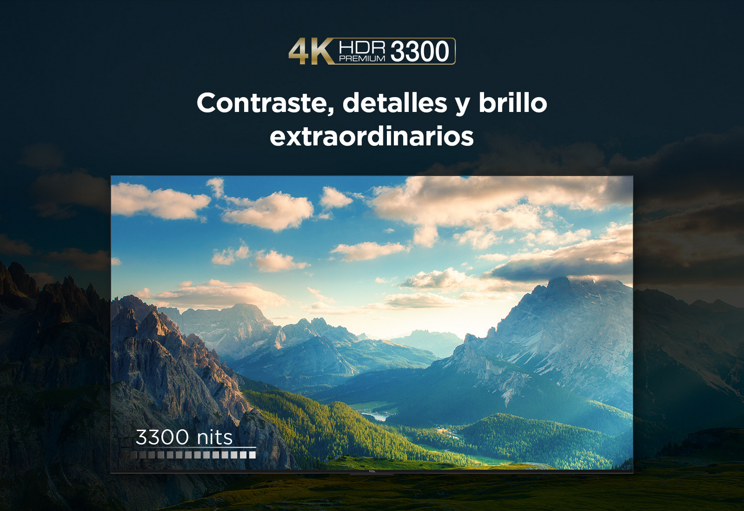 Una pantalla de TV muestra una vista de montaña, con texto sobre contraste y brillo.