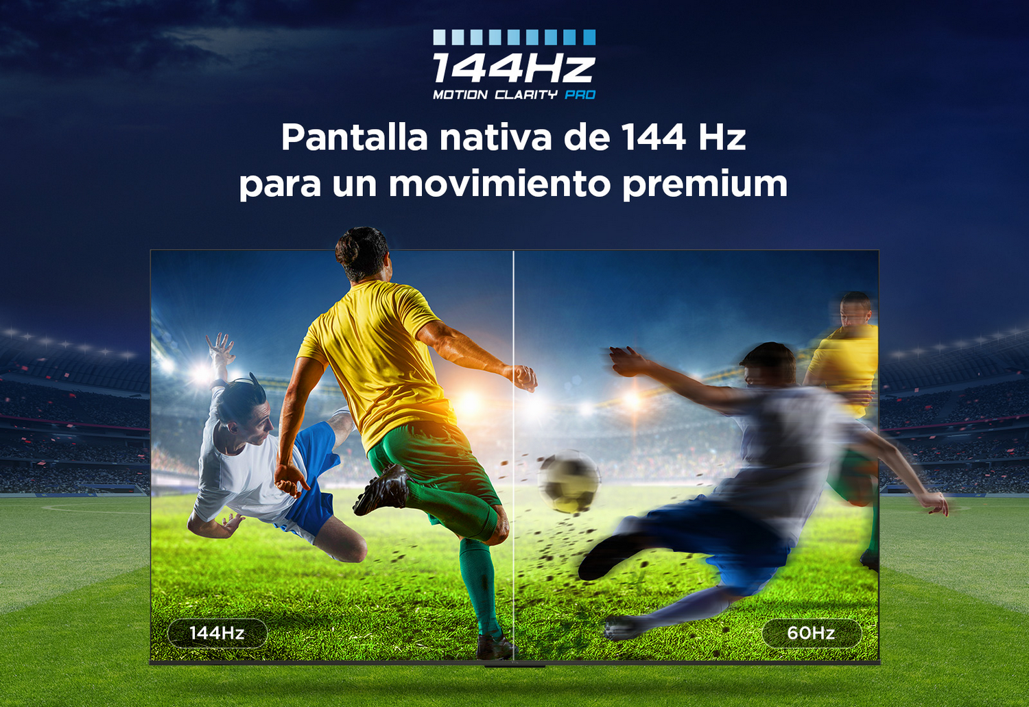 Partido de fútbol, jugadores en acción, monitor mostrando 144Hz y 60Hz.