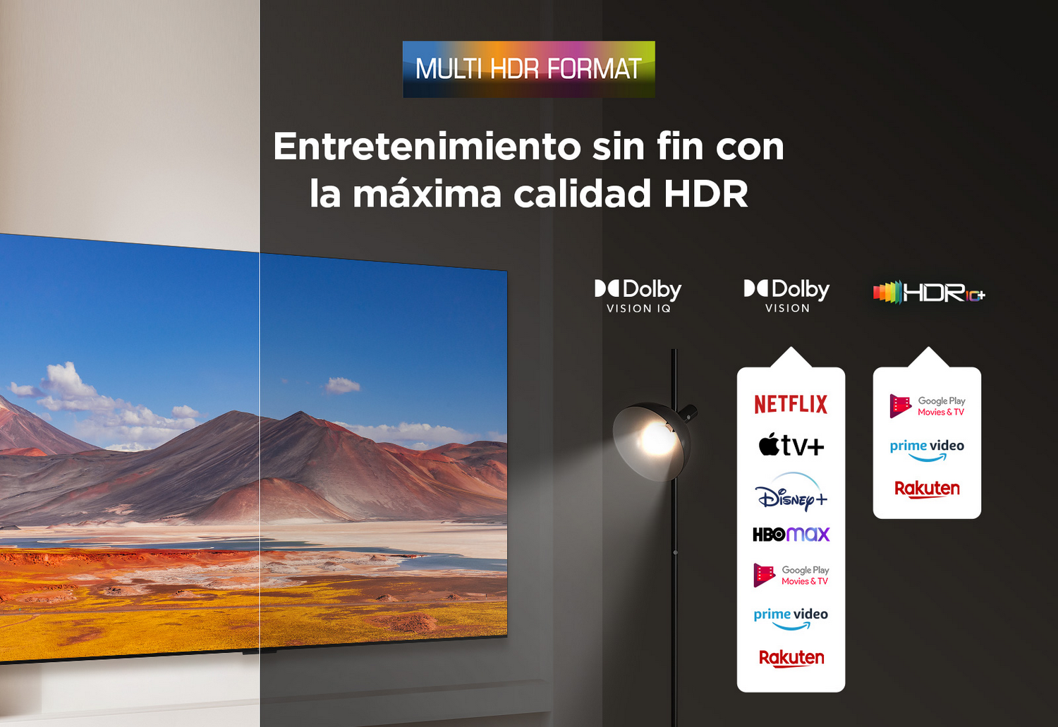 Pantalla de TV con vista panorámica. Muestra logotipos de servicios de streaming. Fondo oscuro con luz.