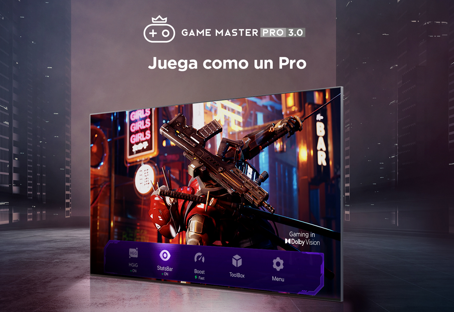 Una pantalla de TV que muestra un juego, con configuraciones del juego, en una habitación oscura, con una vista de la ciudad.