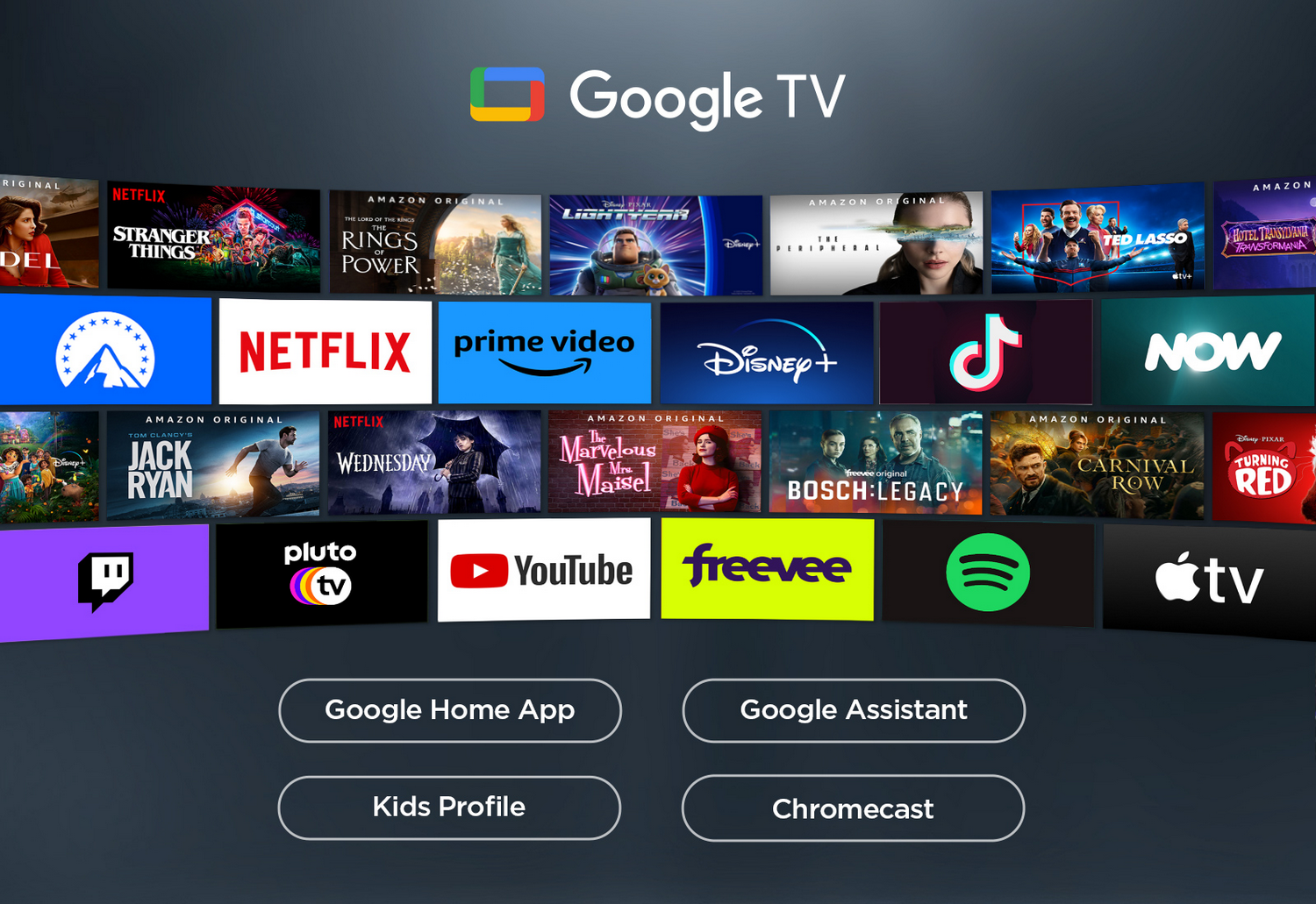 Interfaz de Google TV con logotipos de varios servicios de streaming en una pantalla.