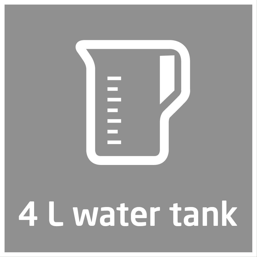 Eine weiße Grafik einer Messkanne mit dem Text '4 L Wassertank'.