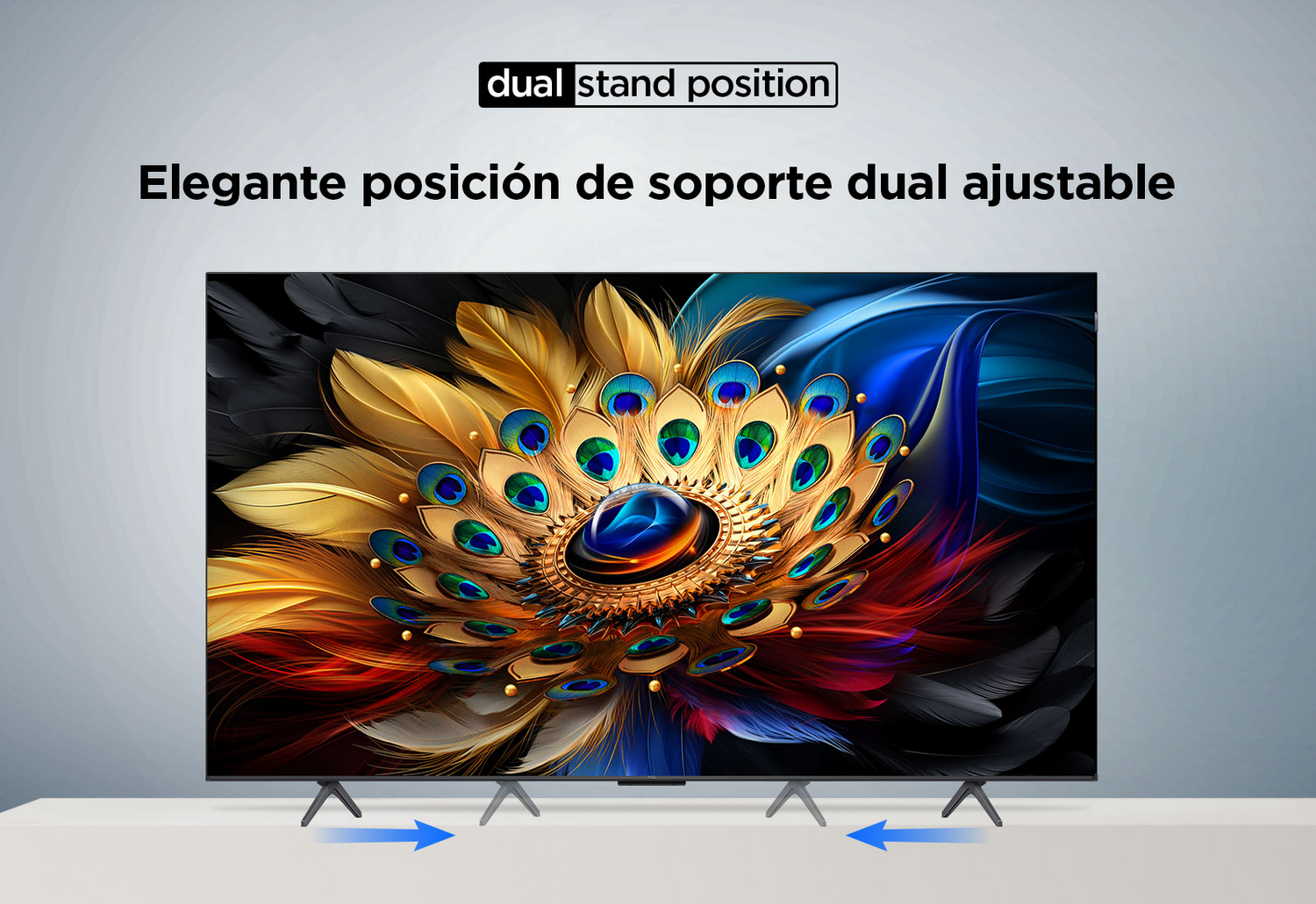 Pantalla de televisión con imagen abstracta colorida. Las posiciones de soporte duales se indican con flechas.