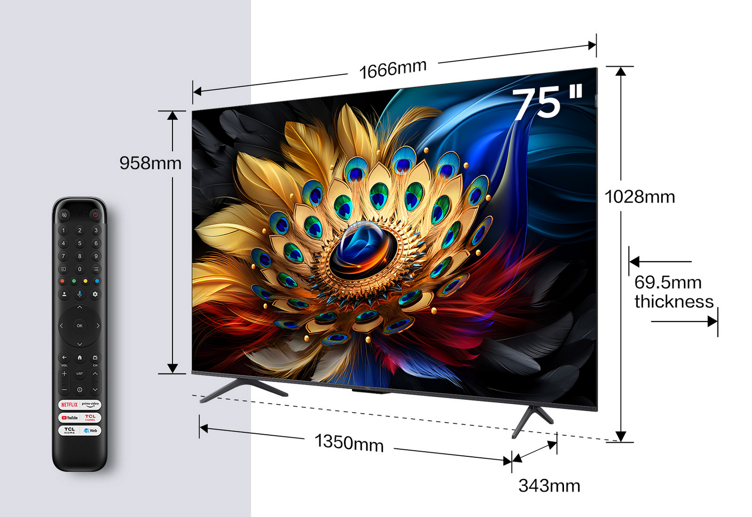 TV de 75" con arte de plumas de pavo real en pantalla, mando a distancia. Dimensiones: 1666mm x 958mm x 69,5mm, base de 1350mm.