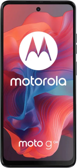 Czarny telefon Motorola z białym logo Motorola na kolorowym tle.