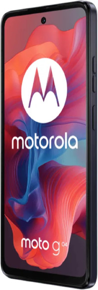 Czarny smartfon z 'motorola moto g04' na ekranie, wyświetlający abstrakcyjny wzór. Czarna ramka.