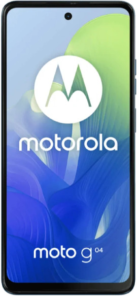 Smartfon Motorola Moto G04 prezentujący kolorowe, abstrakcyjne tło.