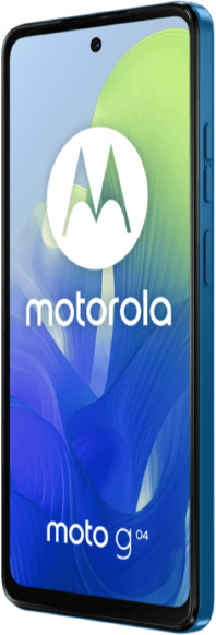 Niebieska Motorola Moto G04, ze szkieletem, z białym i zielonym ekranem.
