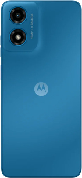 Tył niebieskiego smartfona z dwoma aparatami i logo Motorola. Aparat: 16MP AI Camera.