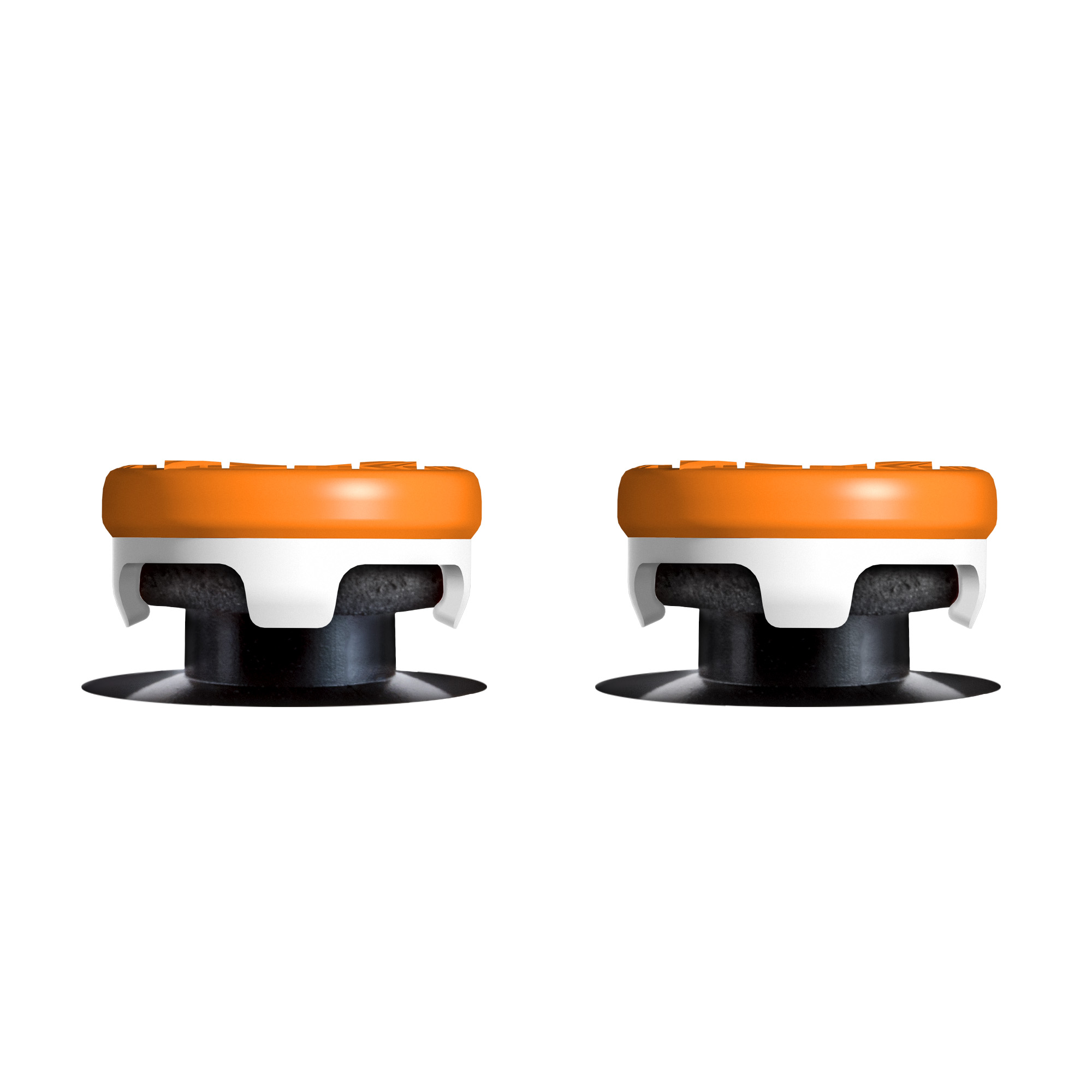 Zwei orangefarbene und weiße Controller-Thumbsticks. Die Basis ist schwarz.