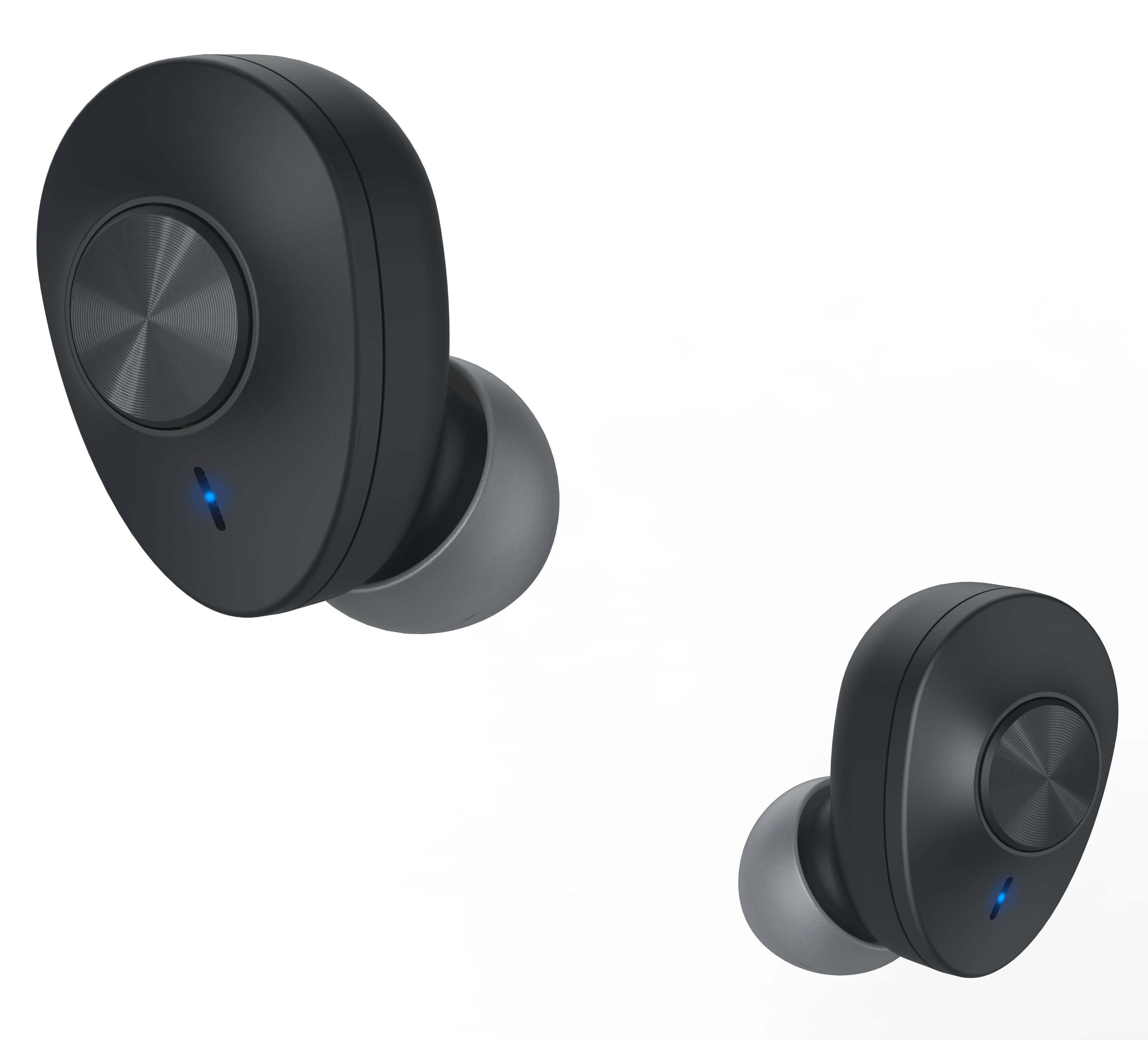 Dwa czarne bezprzewodowe słuchawki douszne, każda ze srebrnym przyciskiem i niebieskim światłem.