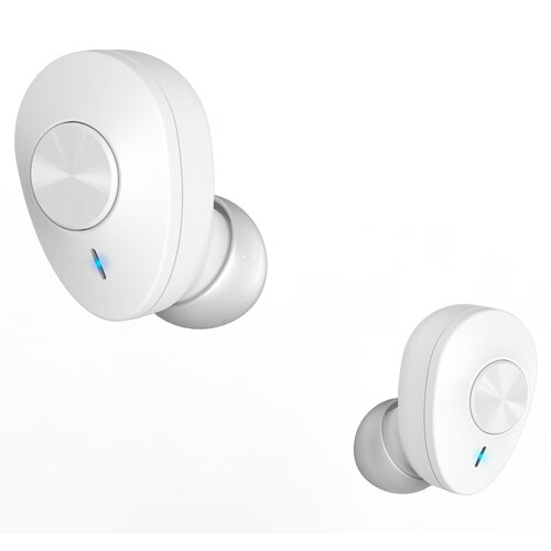 Dwie białe bezprzewodowe słuchawki z srebrnym przyciskiem i niebieskim światłem na białym tle.