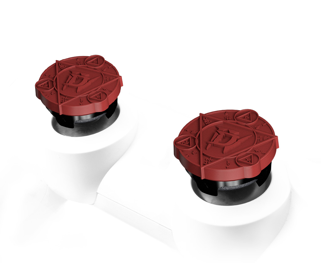 Zwei rote Joystick-Daumensticks auf einem weißen Controller. Jeder Daumenstick hat ein graviertes kreisförmiges Design.