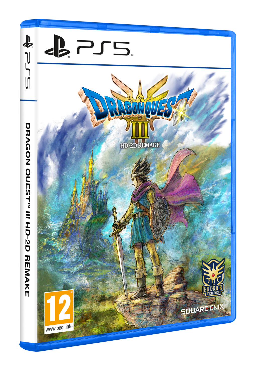 Caja de juego PS5. Arte de la cubierta de Dragon Quest III remake muestra un caballero.