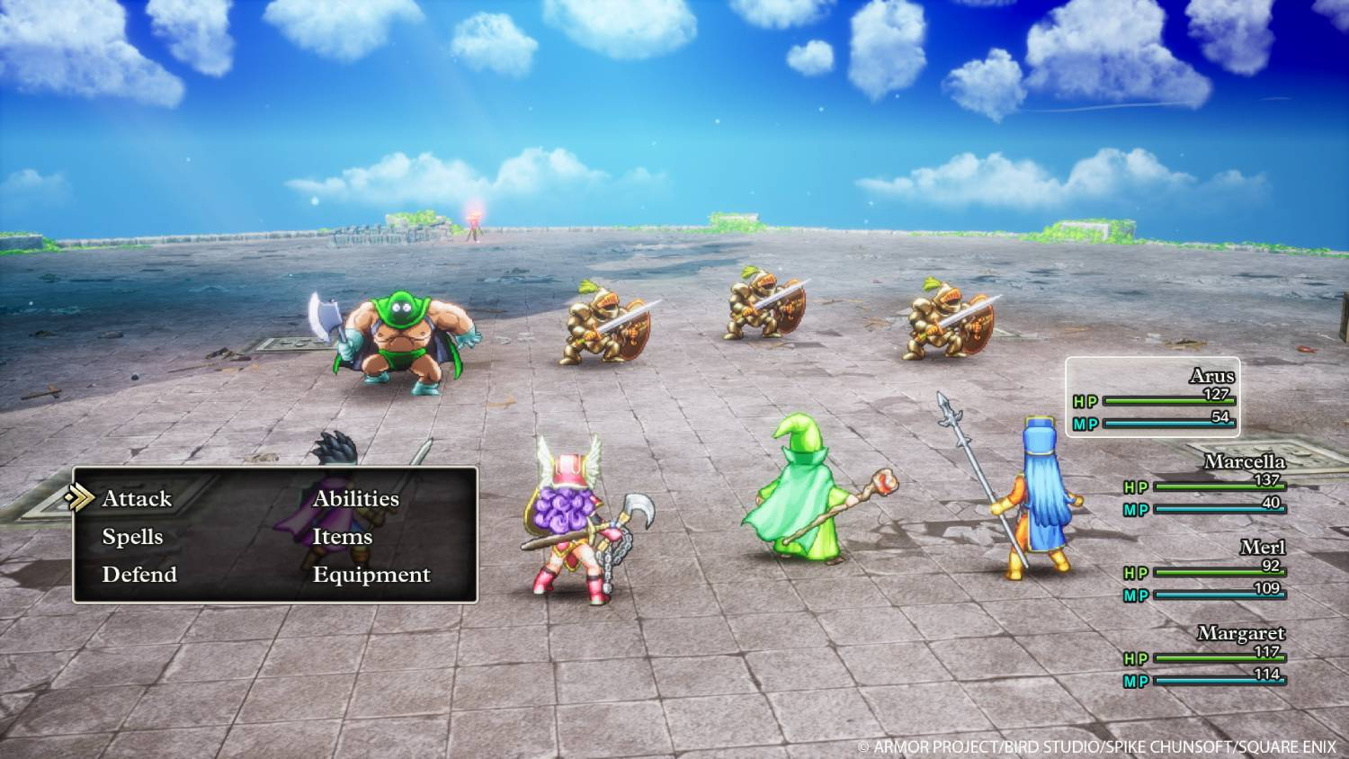 Una escena de videojuego con personajes en una batalla con monstruos.