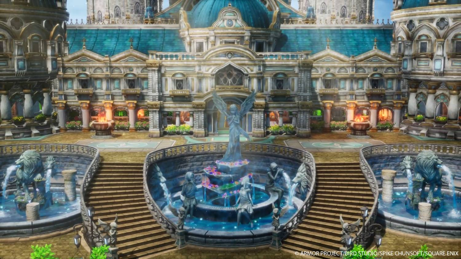 Un gran edificio con una fuente delante y estatuas de ángeles y personas.