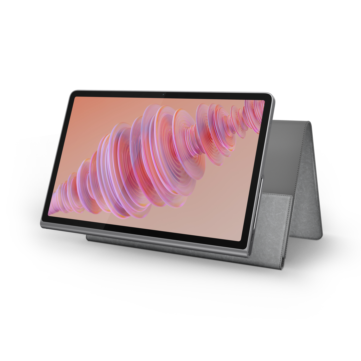 A tablet with a digital illustration on the screen and a gray cover.