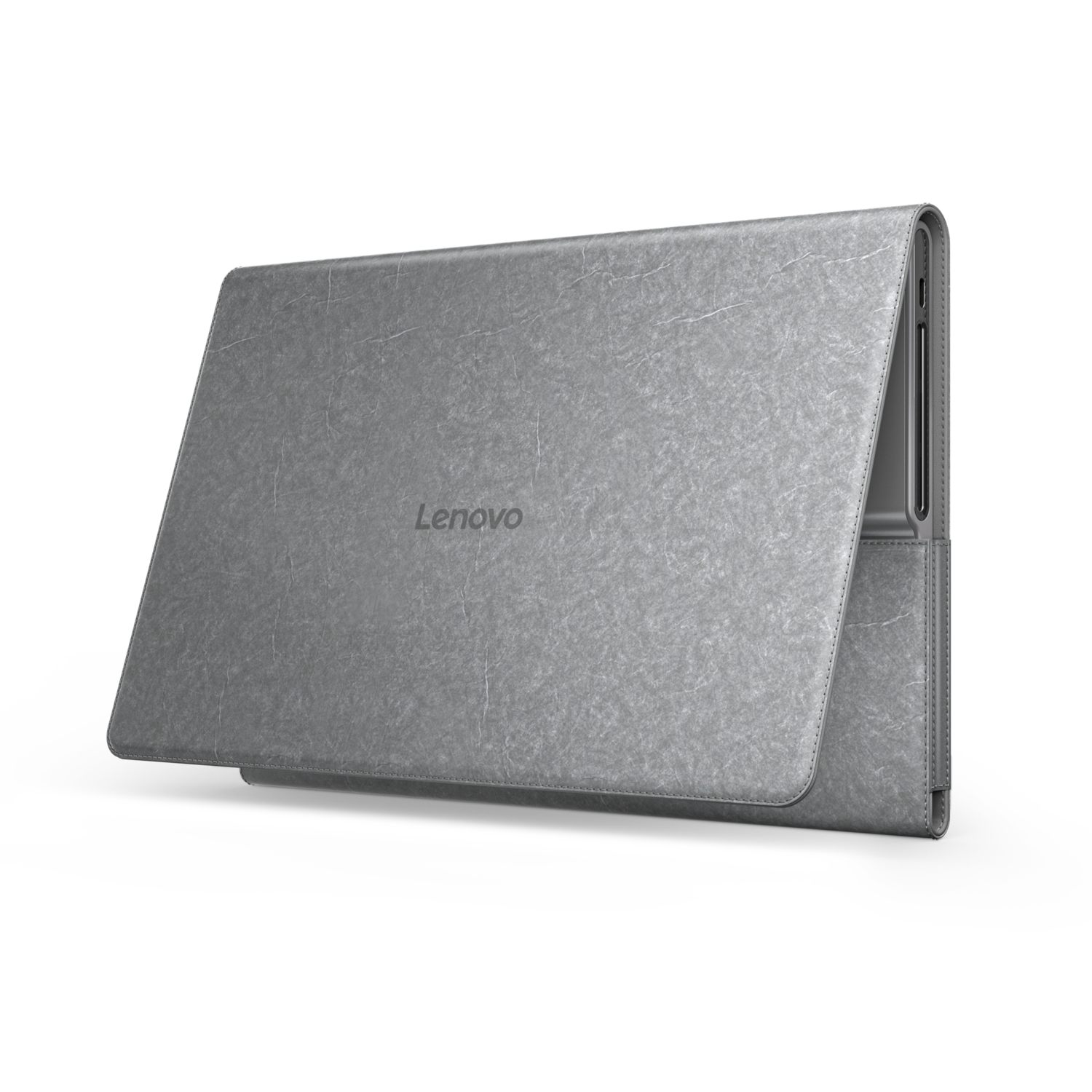 A grey Lenovo tablet case, open to reveal the tablet, with the Lenovo logo on the cover.