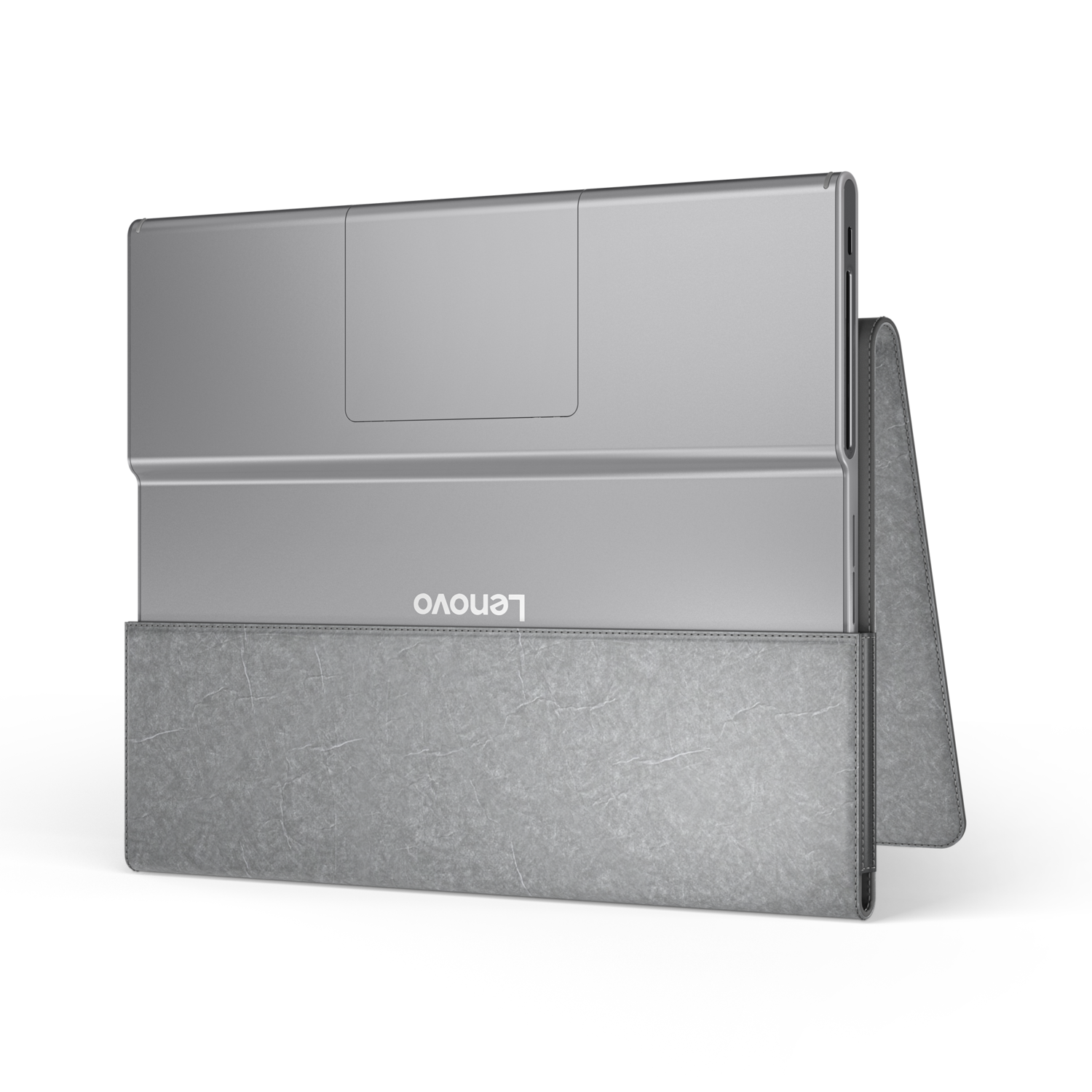 Silver Lenovo tablet in a grey case. The screen is folded back.