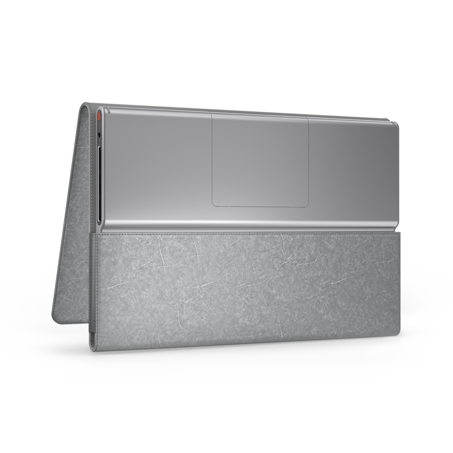 Silver tablet with attached keyboard cover; gray, textured surface.