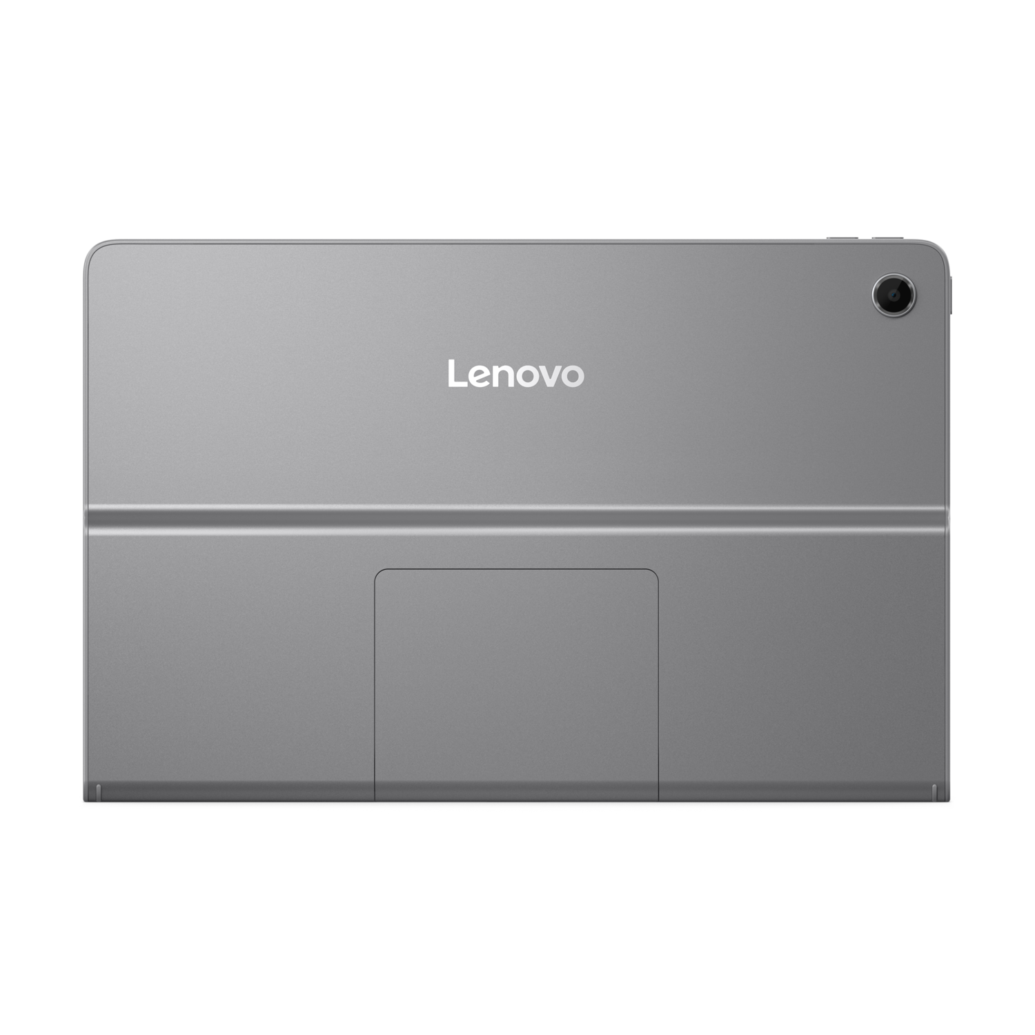 Gray Lenovo tablet, back view, with Lenovo logo and camera.