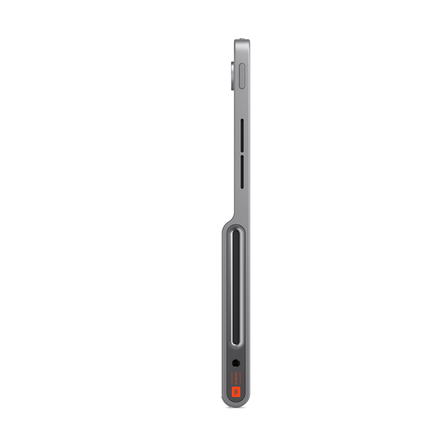 A side view of a silver tablet with a dark gray holder.