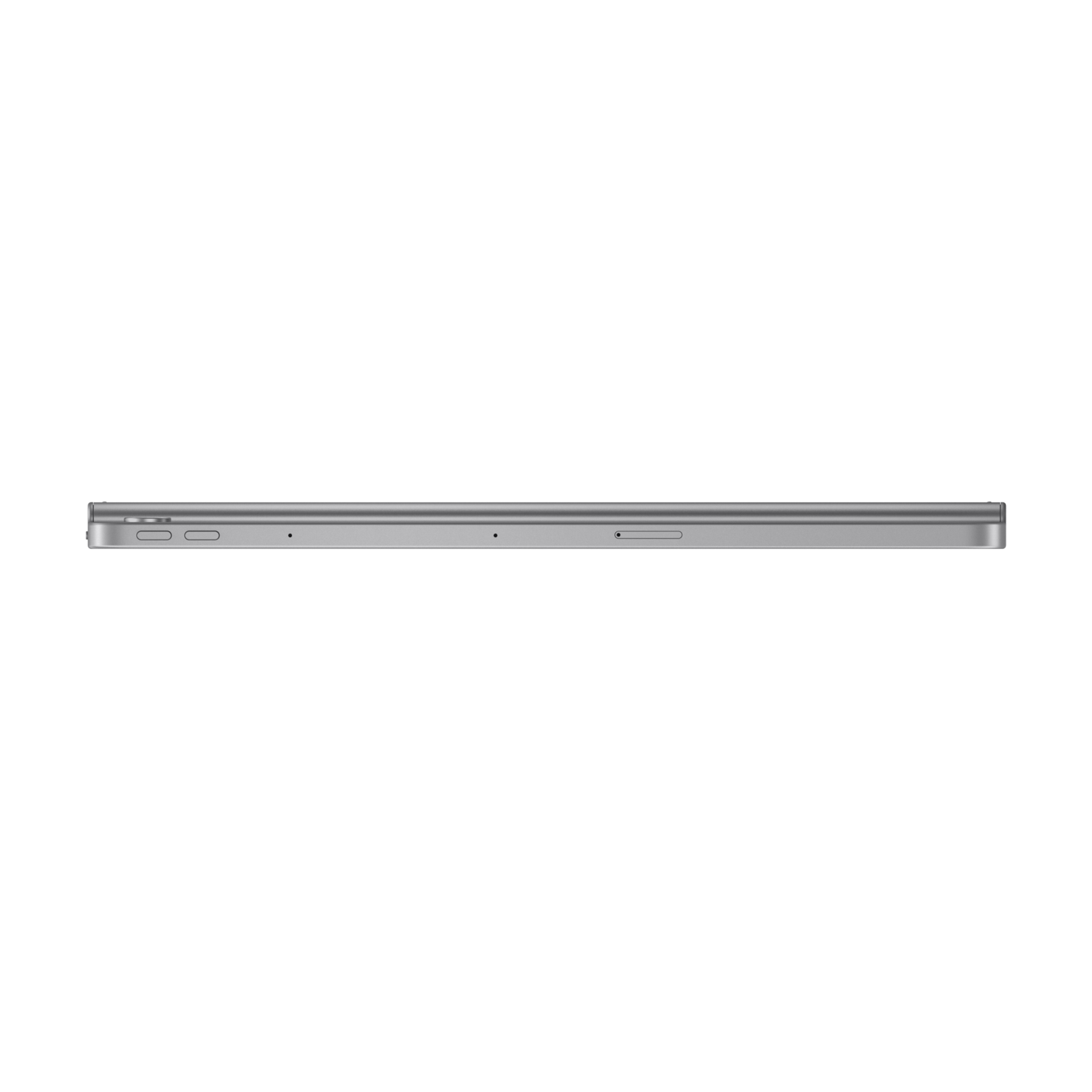 Slim silver laptop on a black background. The side view shows ports and a thin profile.