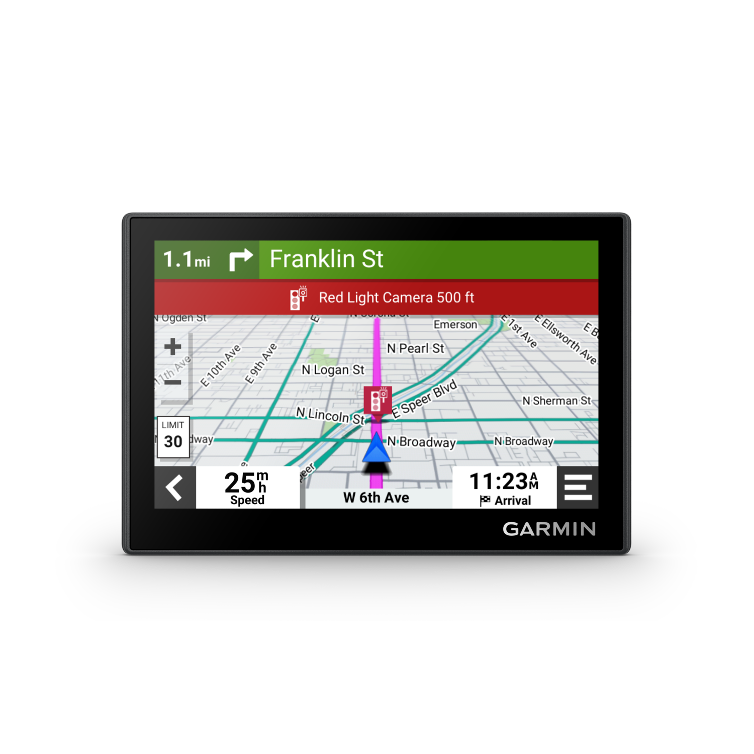 Garmin GPS screen displaying a map with navigation details and time, black frame.