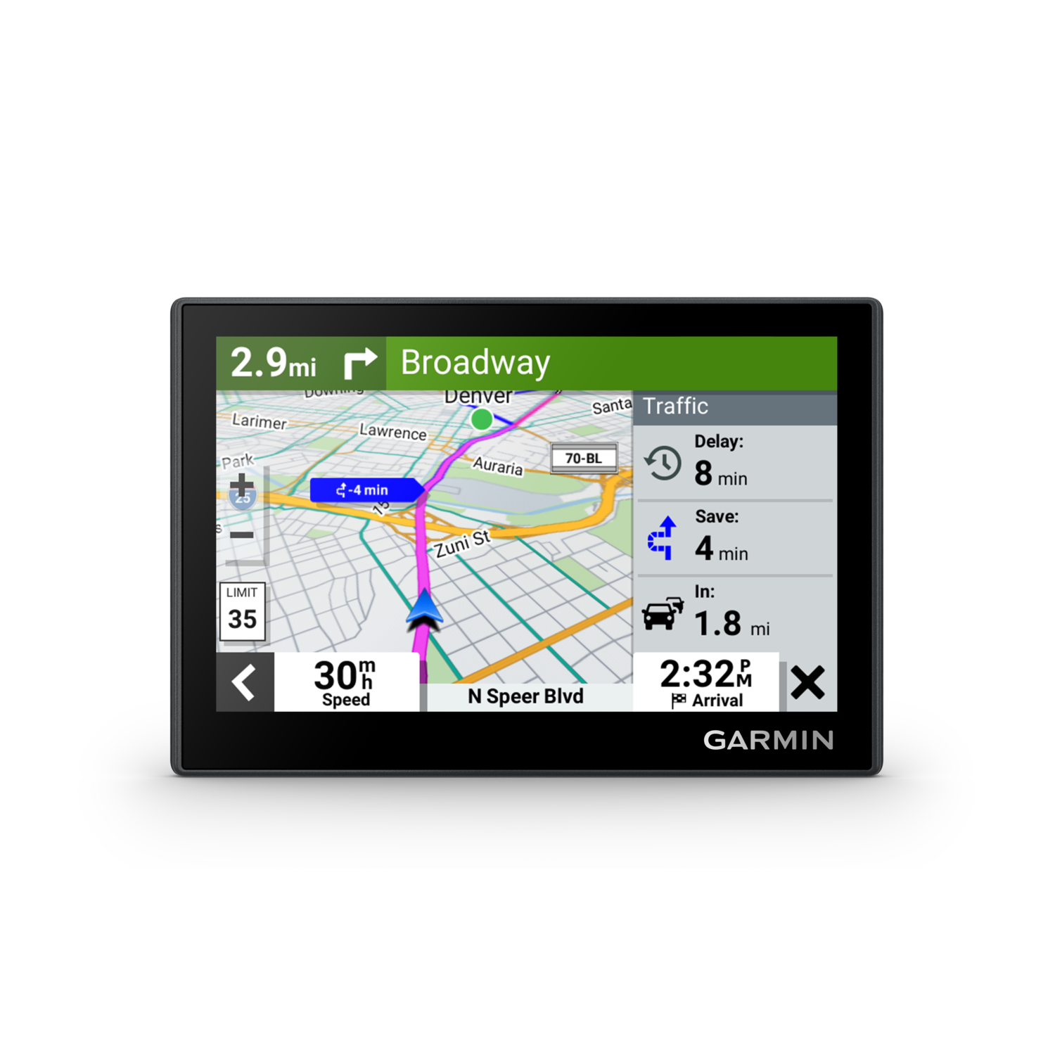 GPS screen displaying a map with a route, Denver, Colorado. Shows arrival time.