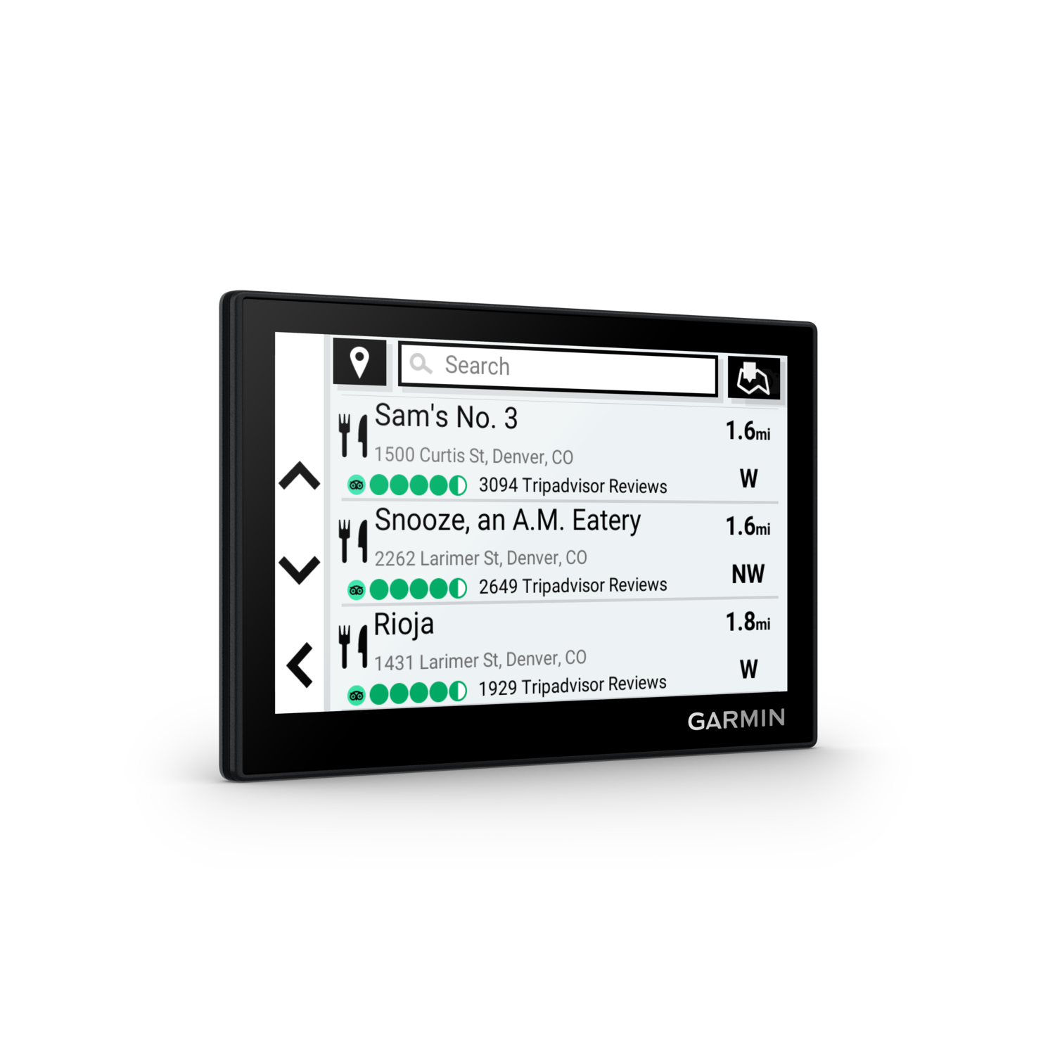 Garmin navigation device showing a list of restaurants with distance and reviews.