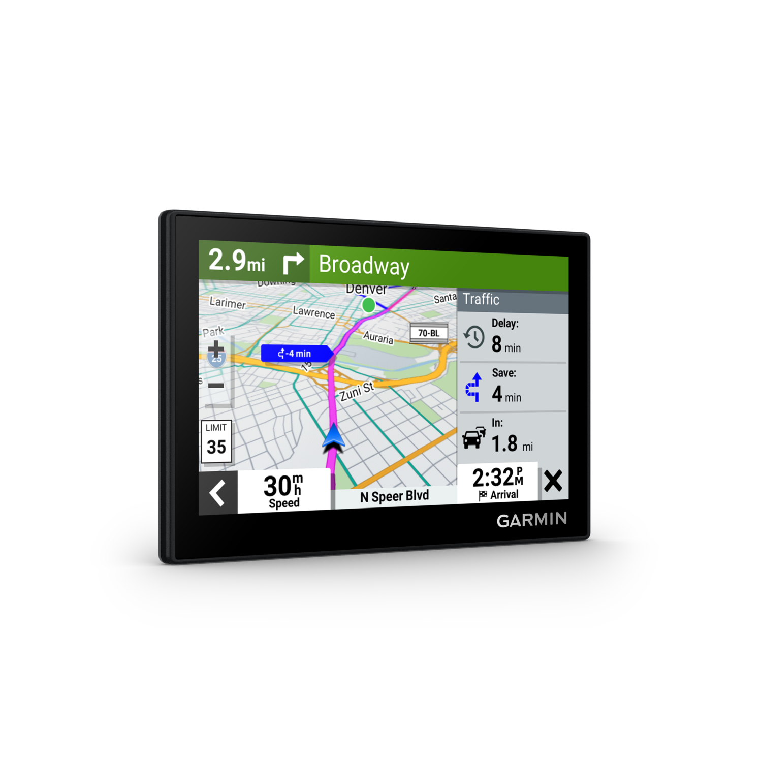 A Garmin GPS displays a map with navigation details.