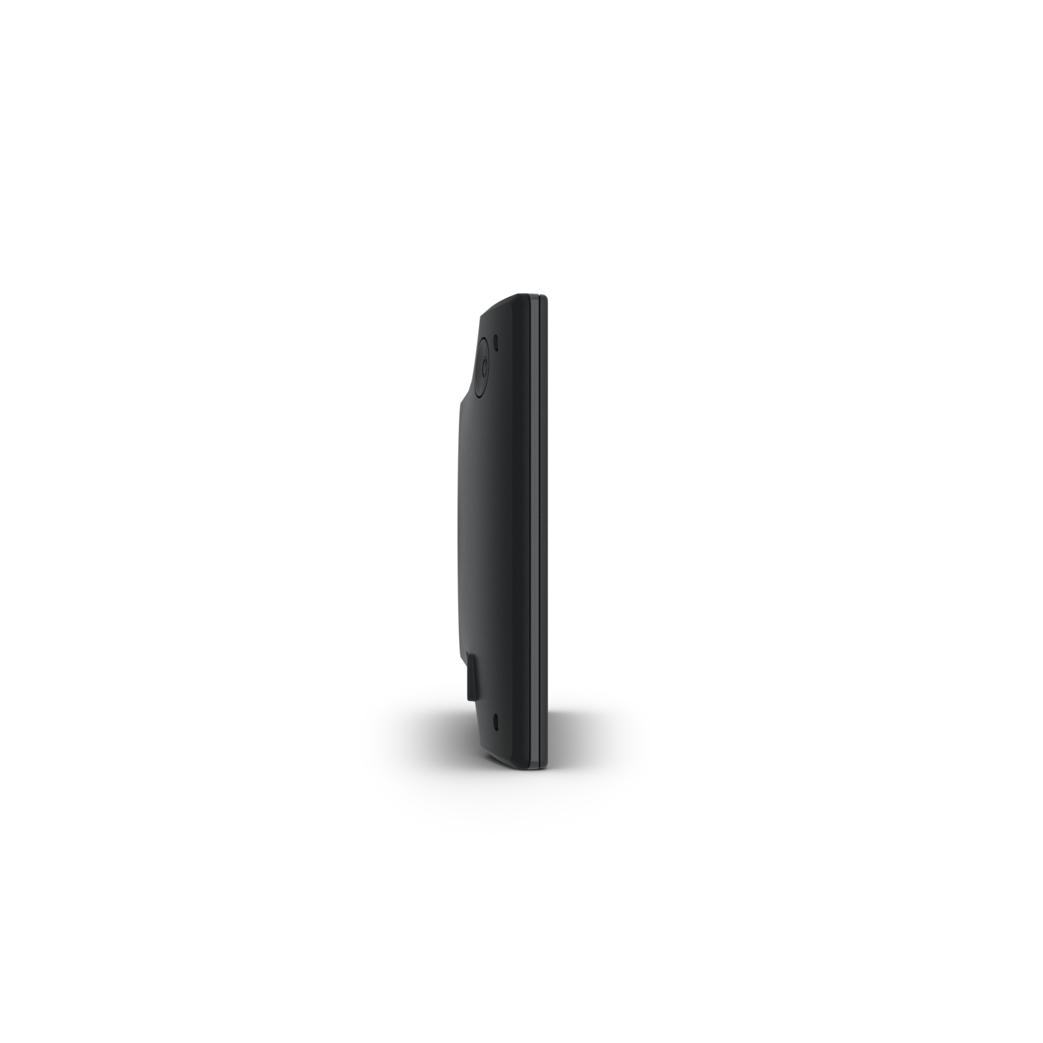 Side view of a black TV, showing the profile against a black background.