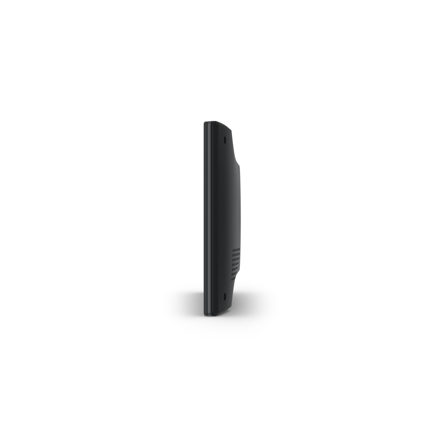 Side view of a black TV, black background.