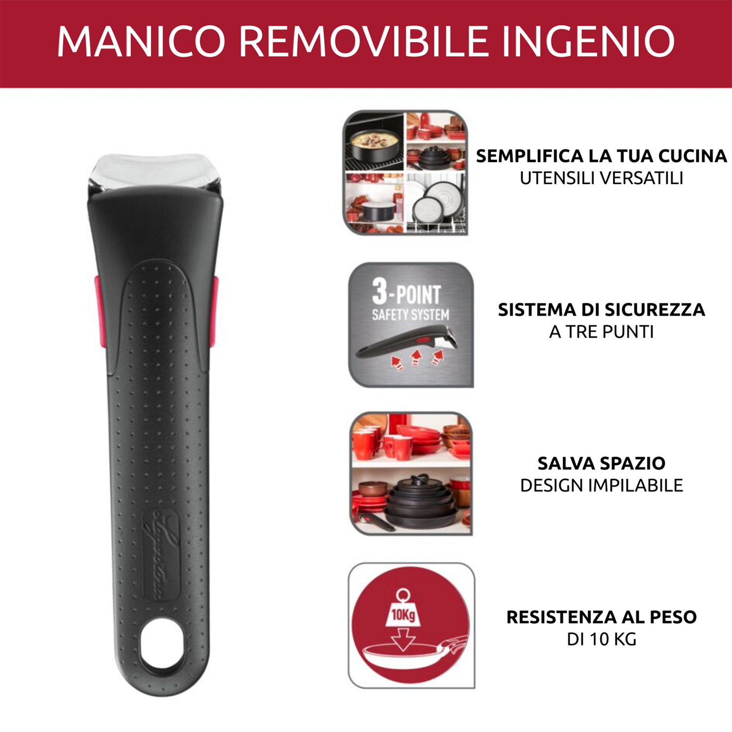 Manico nero staccabile con dettagli rossi per pentole Ingenio. Caratteristiche: versatilità, sicurezza e design salvaspazio.
