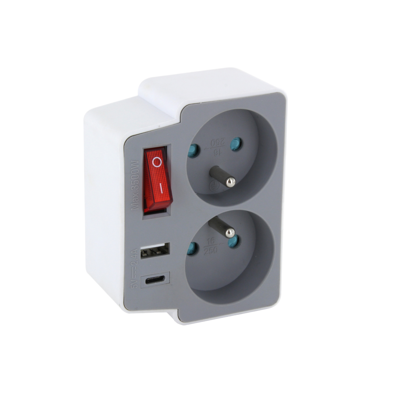 Een witte en grijze voedingsadapter met twee stopcontacten, een schakelaar en USB-poorten.