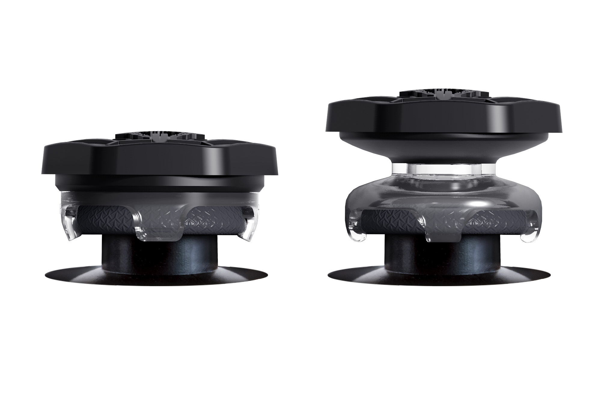 Zwei schwarze Daumengriffe für Gaming-Joysticks in unterschiedlichen Höhen.