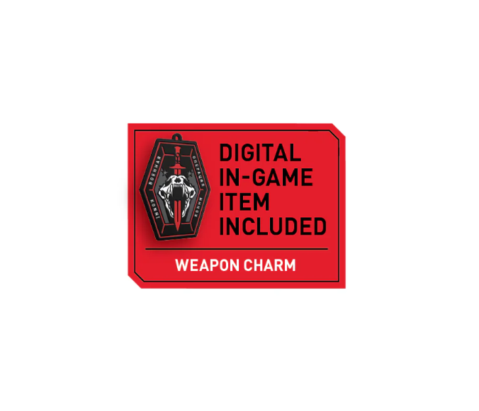 Roter und schwarzer Waffenanhänger mit Text auf weißem Hintergrund: "DIGITALES IN-GAME-ITEM INBEGRIFFEN".