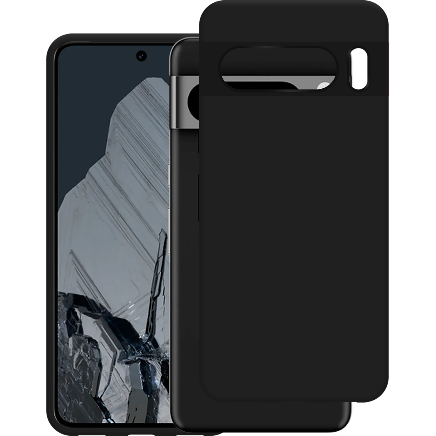Phone with screen showing interface, black case. Another case beside it, with orange accent.
