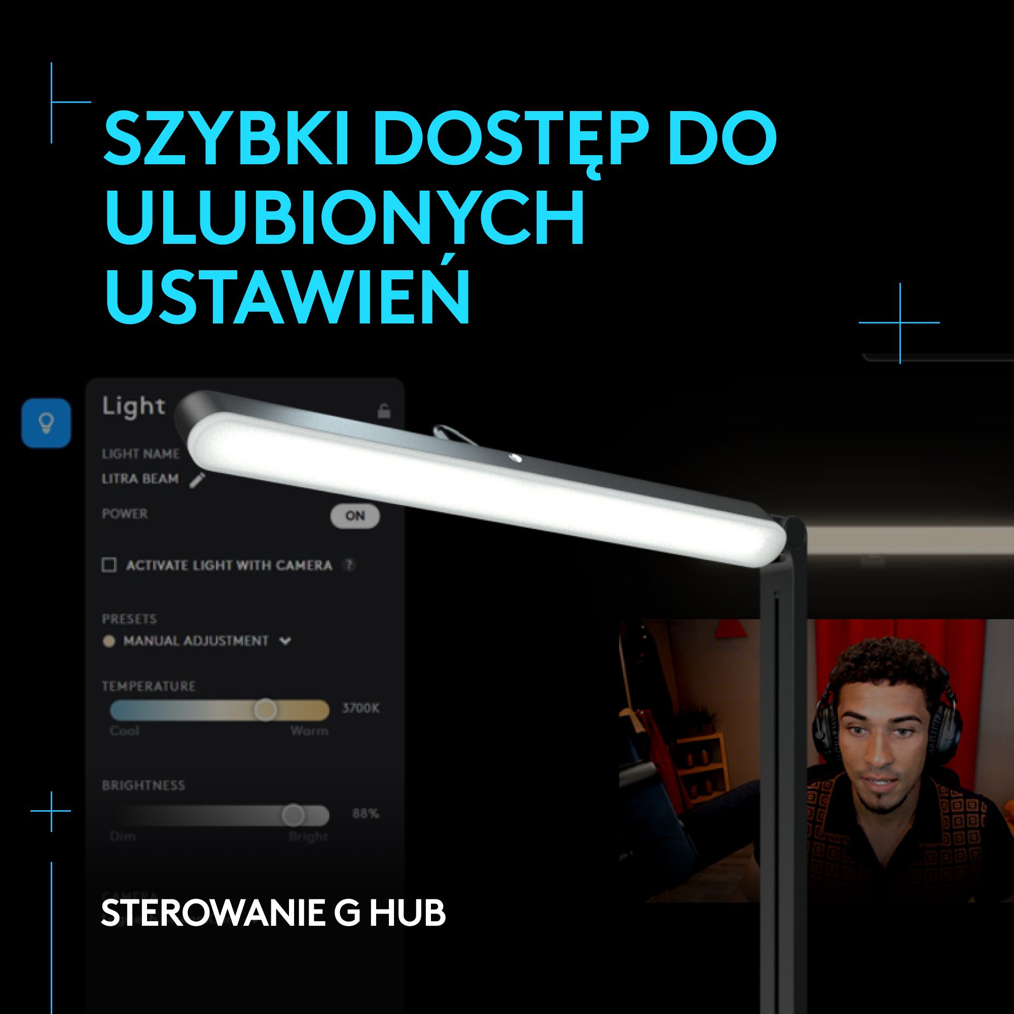 Mężczyzna patrzący na monitor z kontrolkami światła, z tekstem.