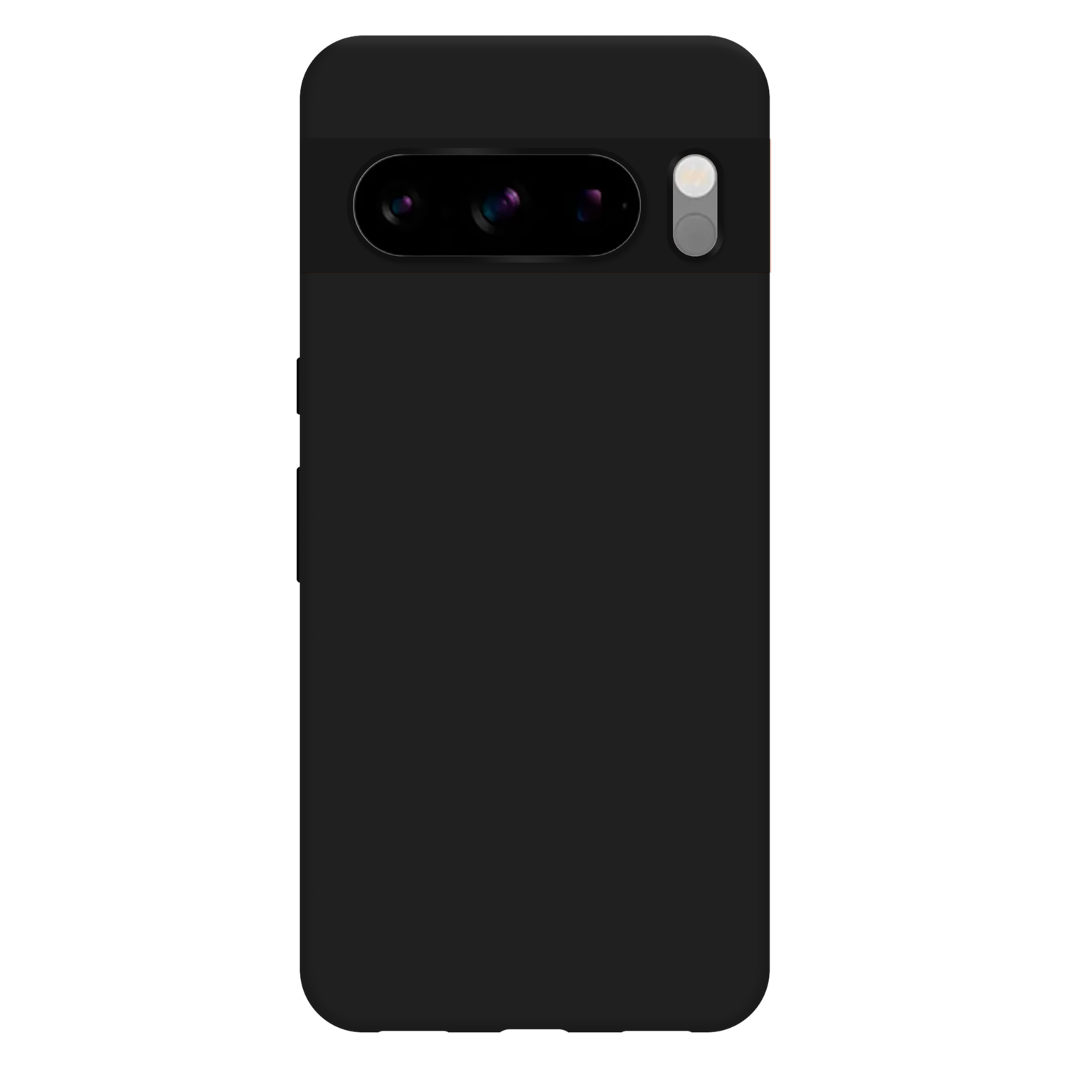 Black phone case with three cameras and a white button. The case is black.
