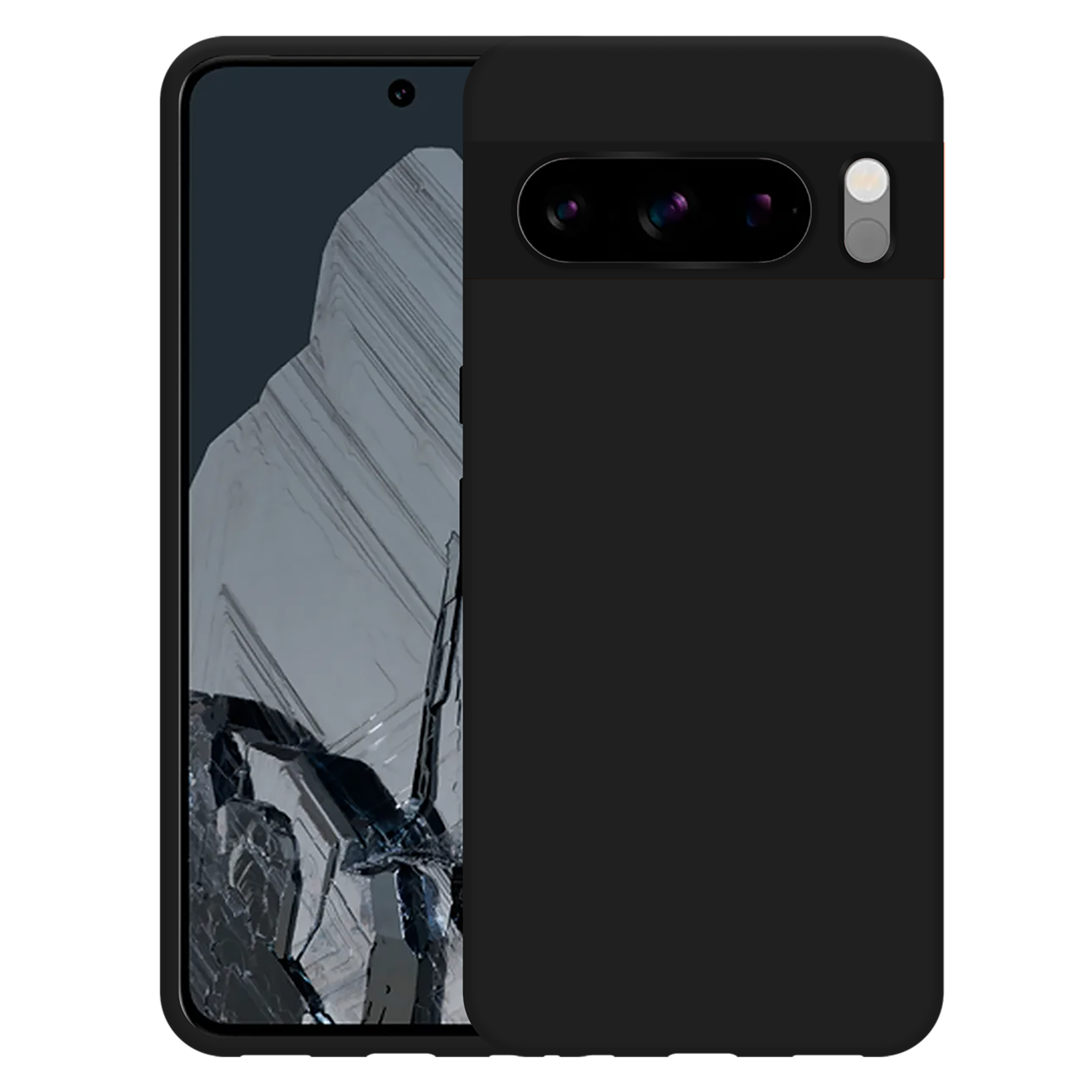 A black phone in a black case with an orange accent, on a black background.