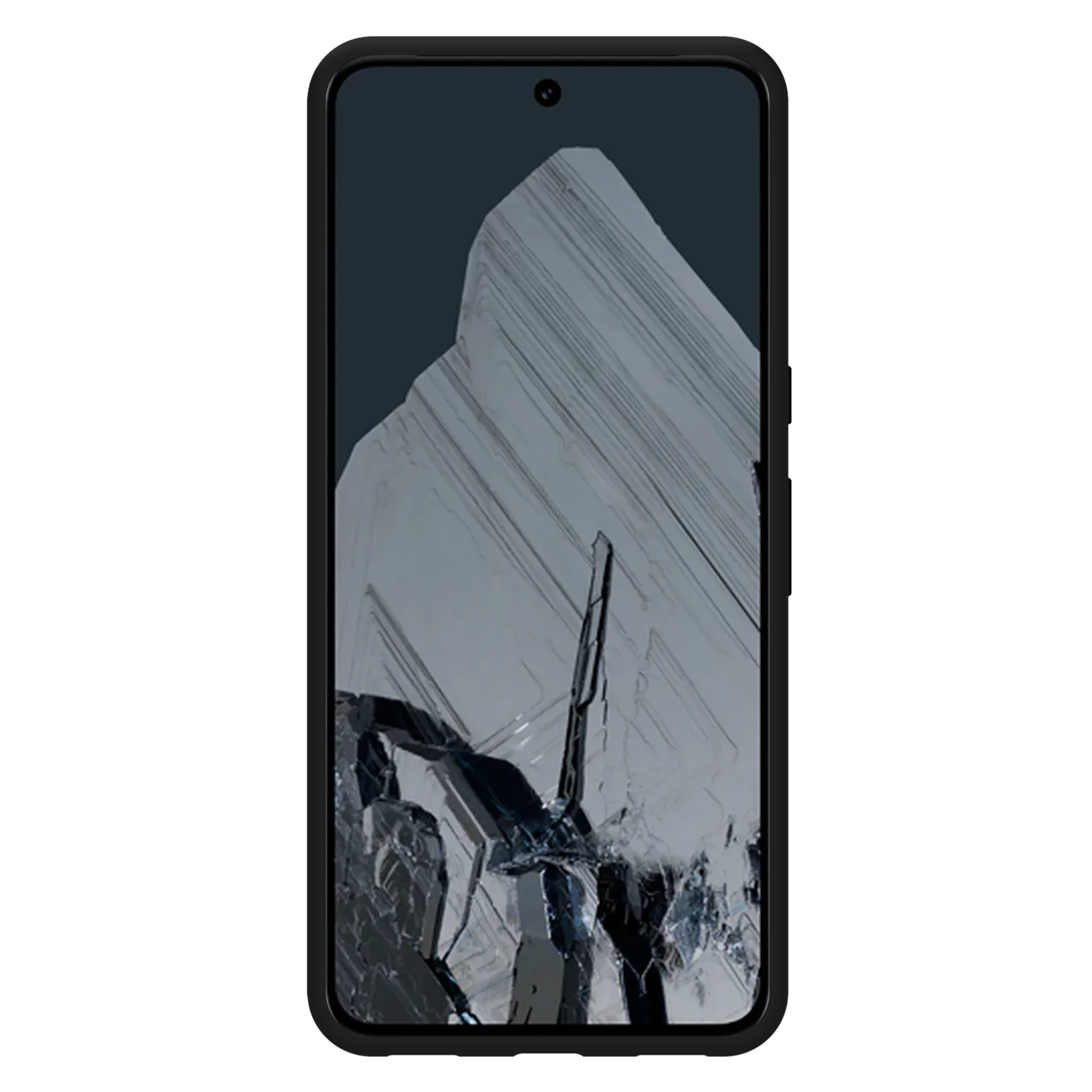 Smartphone screen showing a mountain. Black phone with a black frame. Black background.